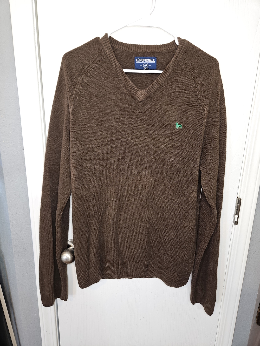 Aeropostale Men's Chocolate Brown V-Neck Sweater with Green Logo